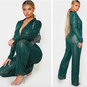 🍀 NWT Women’s PrettyLittleThing Emerald Green Sequin Collar Long Sleeve Jumpsuit